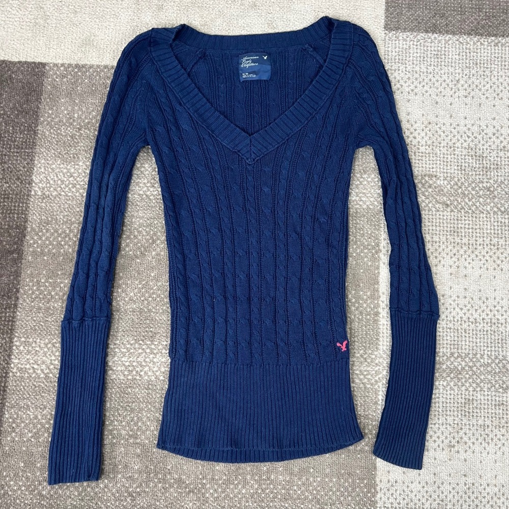 Y2K American Eagle Navy Blue Cable Knit V-Neck Sweater Womens Medium Snatched - Picture 3 of 8